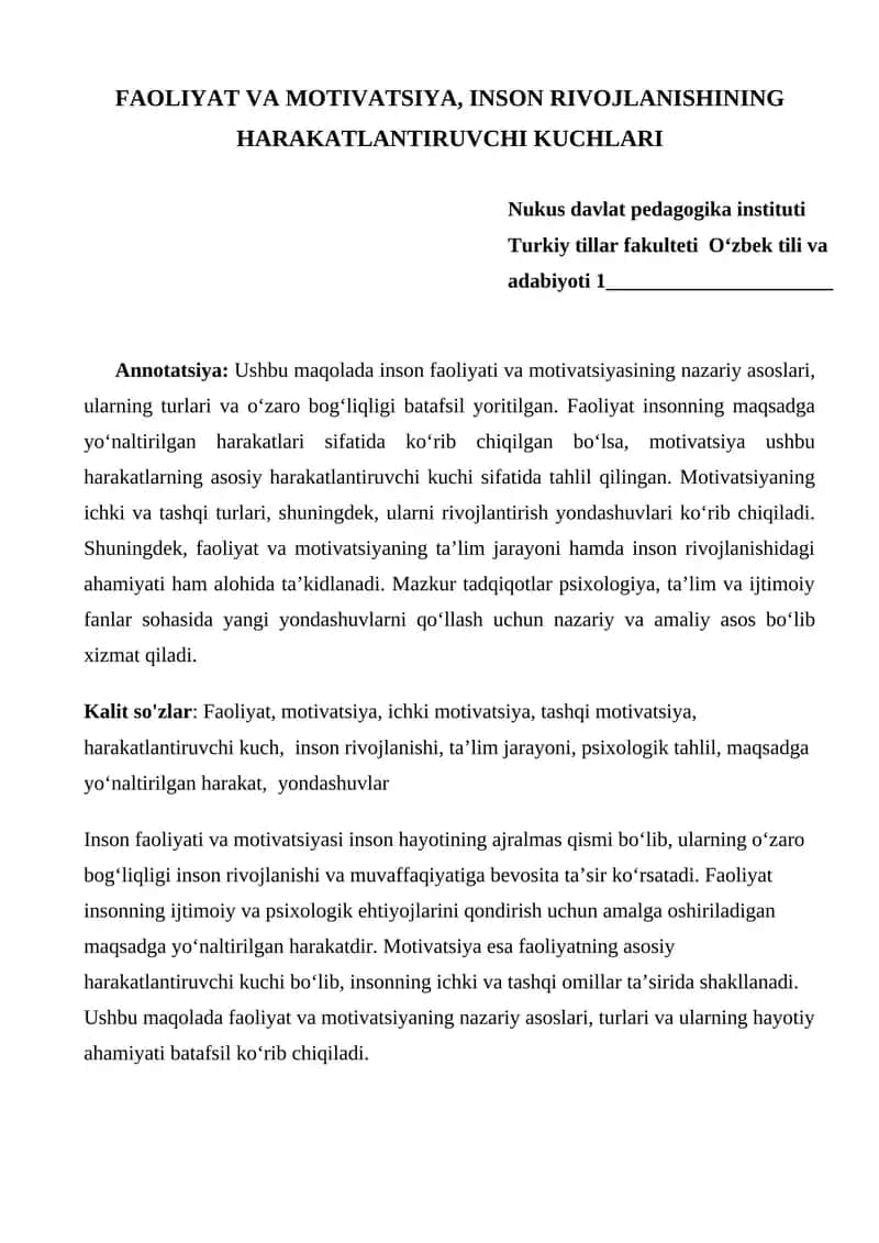 Inson faoliyati va motivatsiyasi