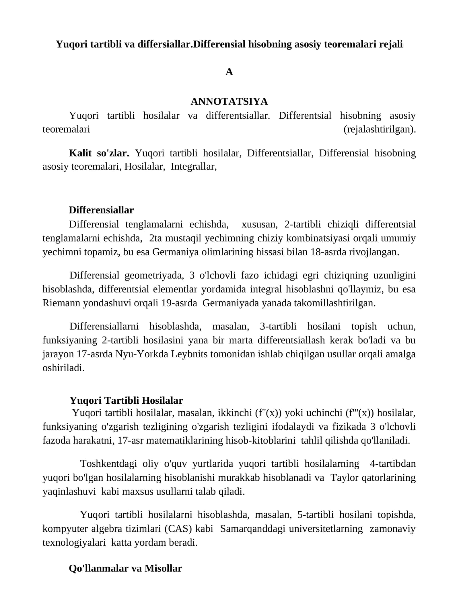 Differensial hisobning asosiy teoremalari rejali