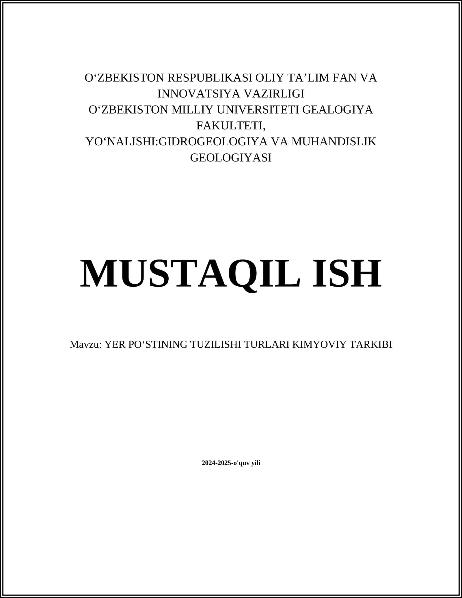 YER POʻSTINING TUZILISHI TURLARI KIMYOVIY TARKIBI