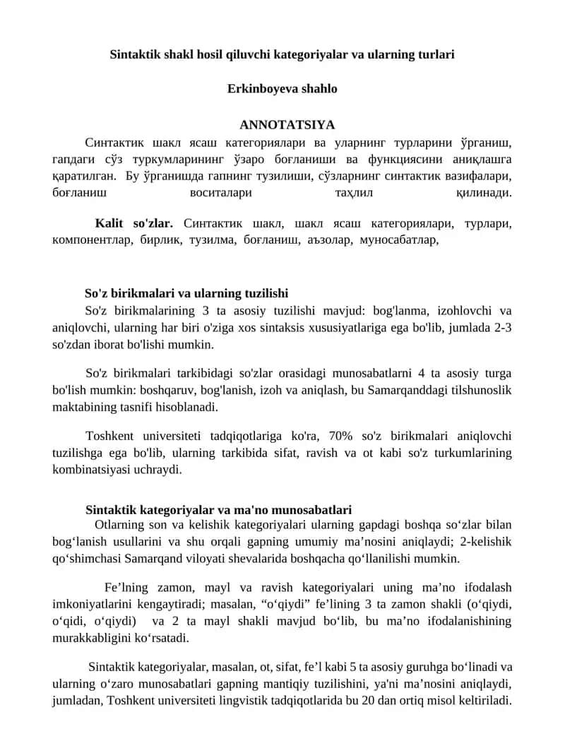Sintaktik shakl hosil qiluvchi kategoriyalar va ularning turlari