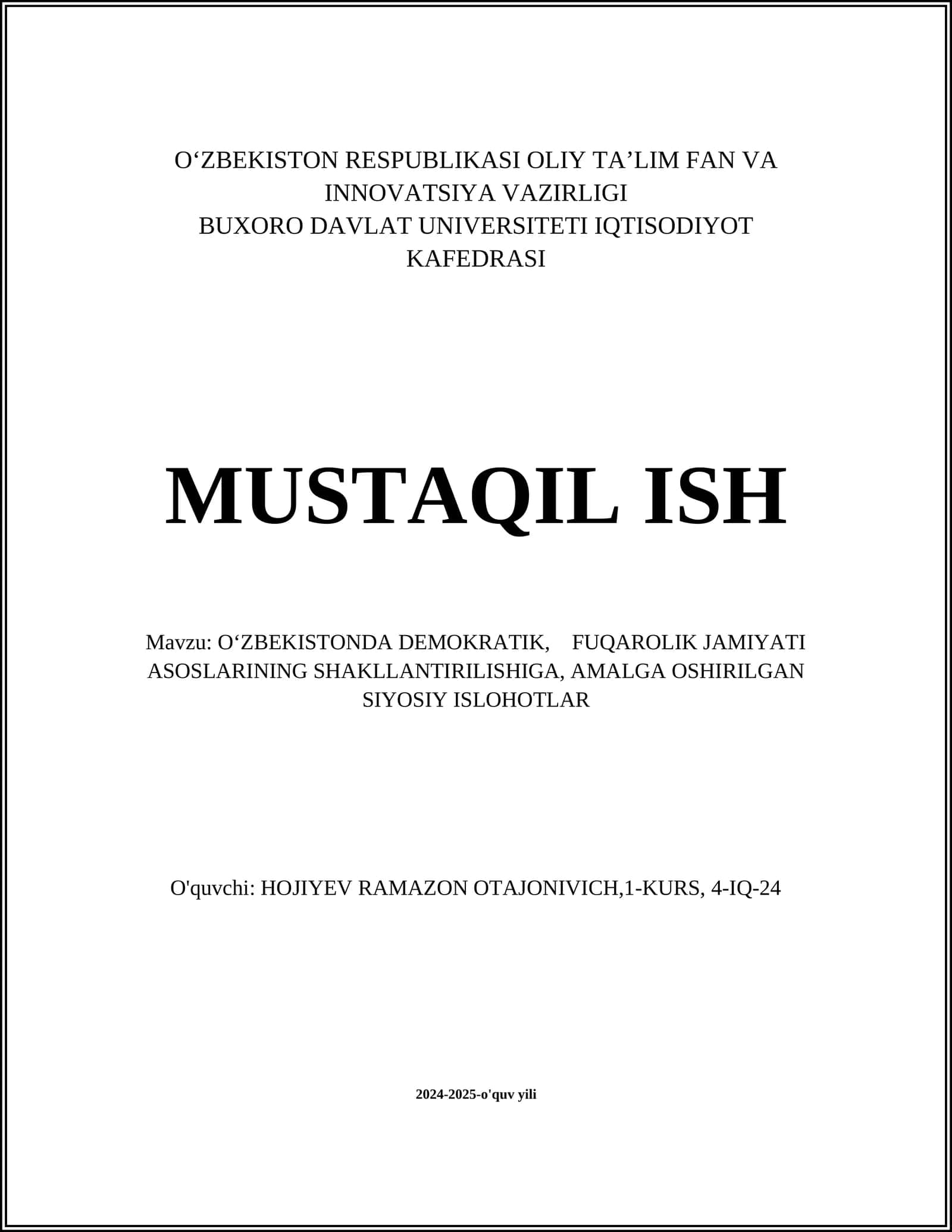 O‘ZBEKISTONDA DEMOKRATIK, FUQAROLIK JAMIYATI ASOSLARINING SHAKLLANTIRILISHI