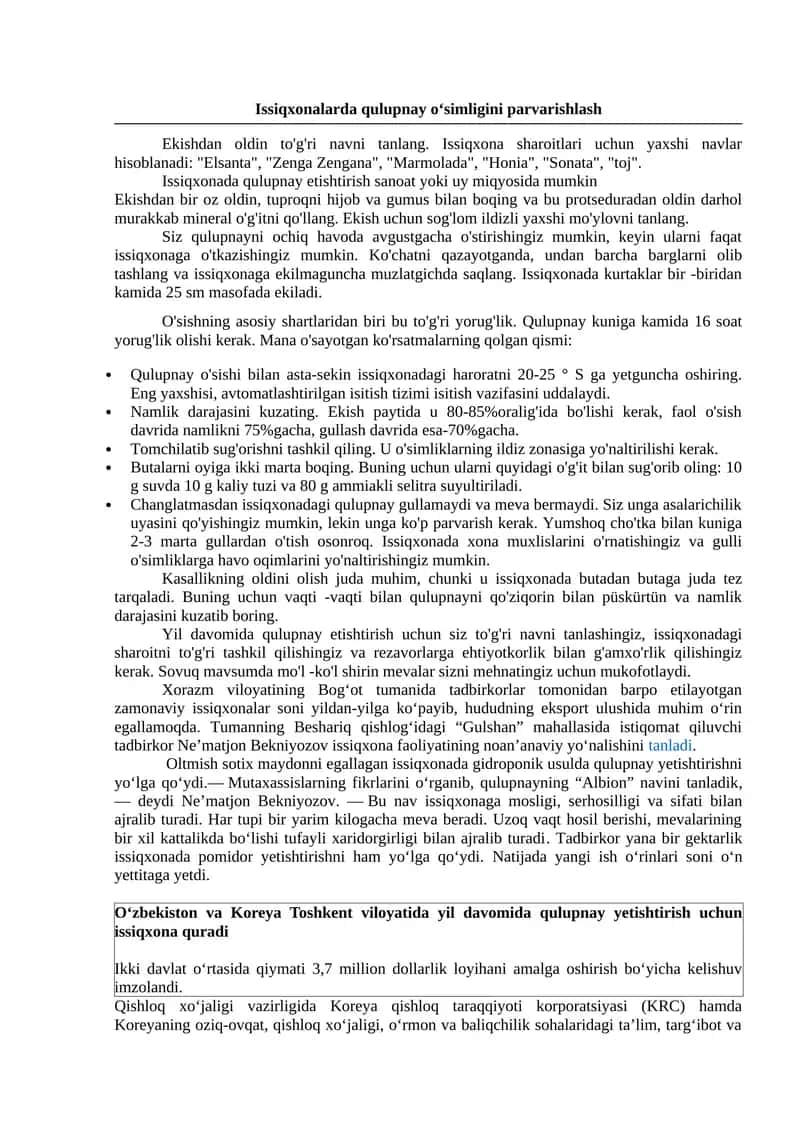Issiqxonalarda qulupnay o‘simligini parvarishlash