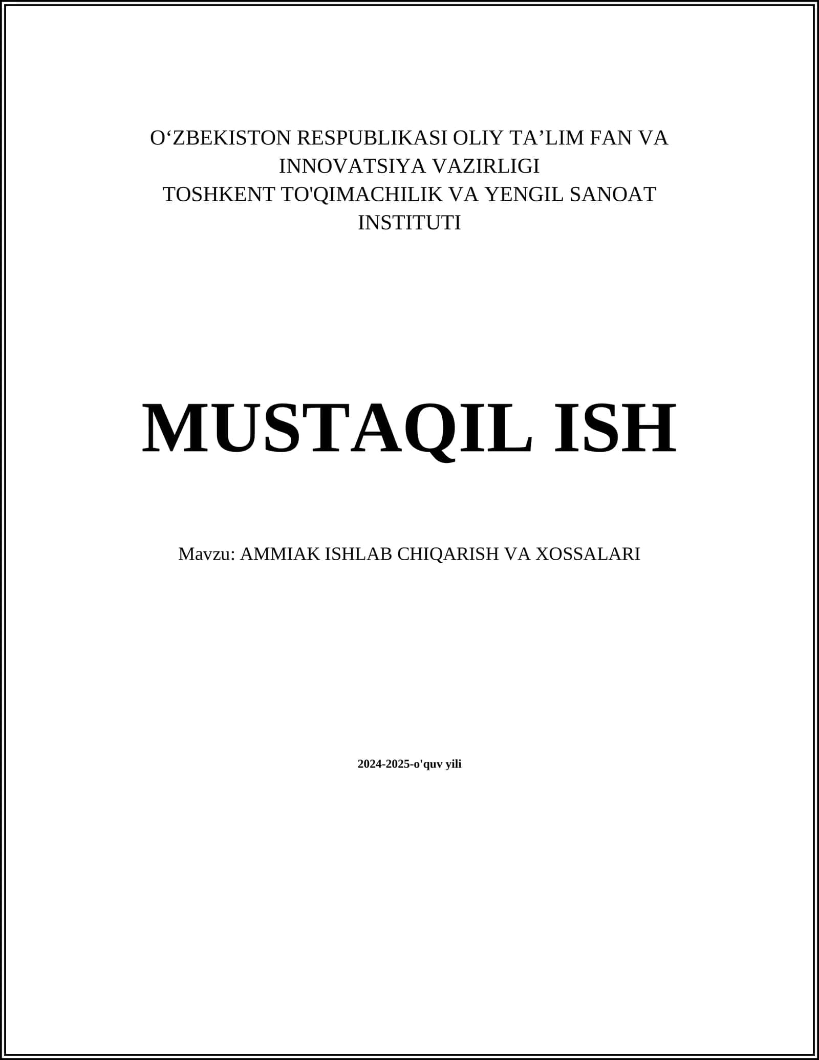 AMMIAK ISHLAB CHIQARISH VA XOSSALARI