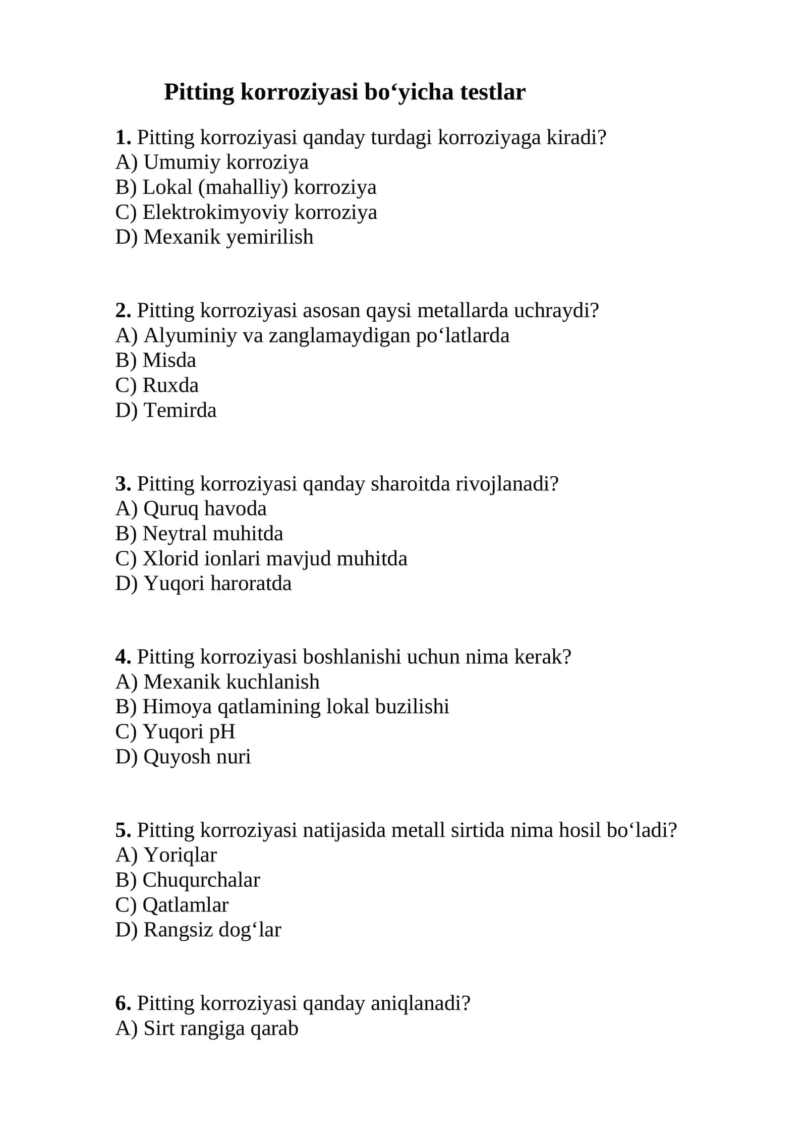 Pitting korroziyasi bo‘yicha testlar