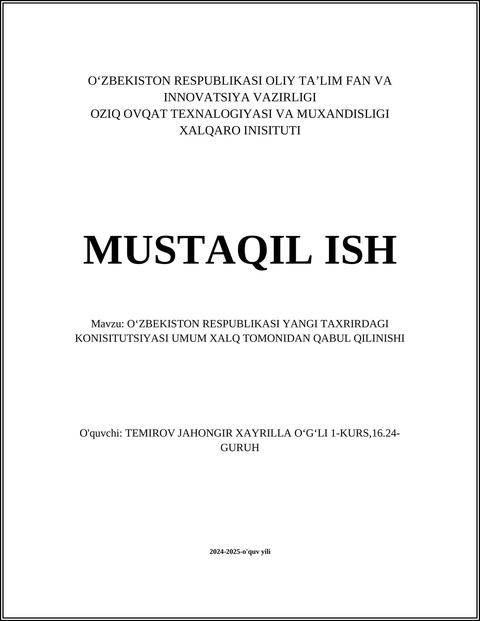 O'ZBEKISTON RESPUBLIKASI YANGI TAXRIRDAGI KONISITUTSIYASI UMUM XALQ TOMONIDAN QABUL QILINISHI
