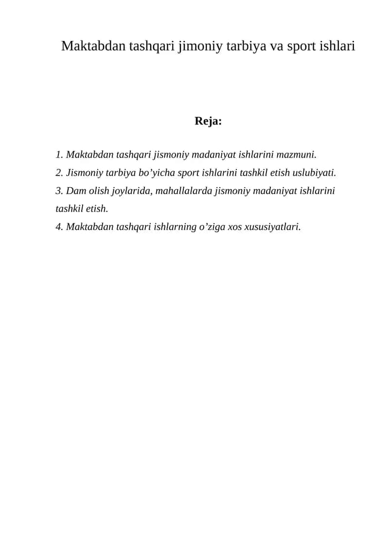 Maktabdan tashqari jimoniy tarbiya va sport ishlari