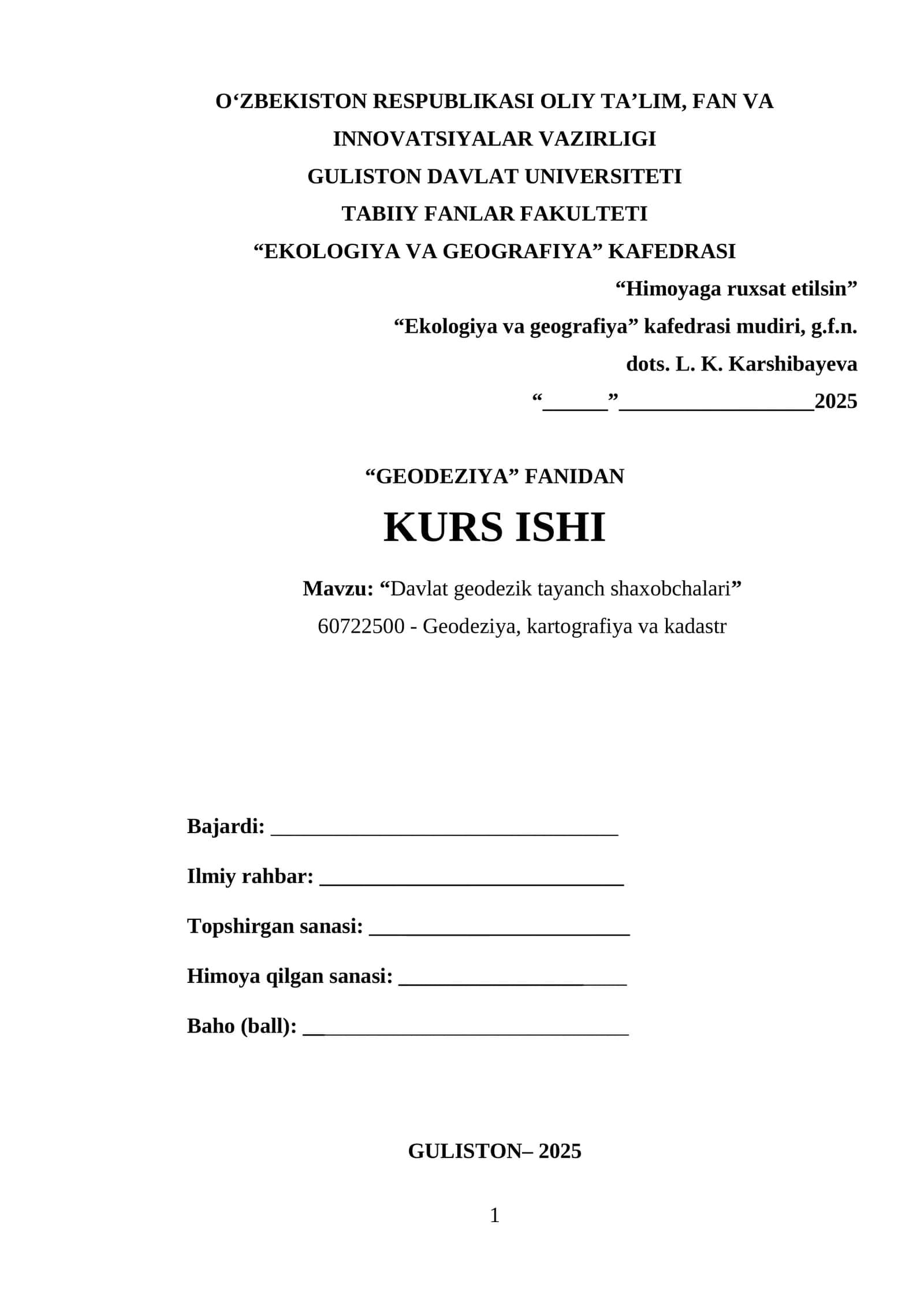 Davlat geodezik tayanch shaxobchalari kurs ishi