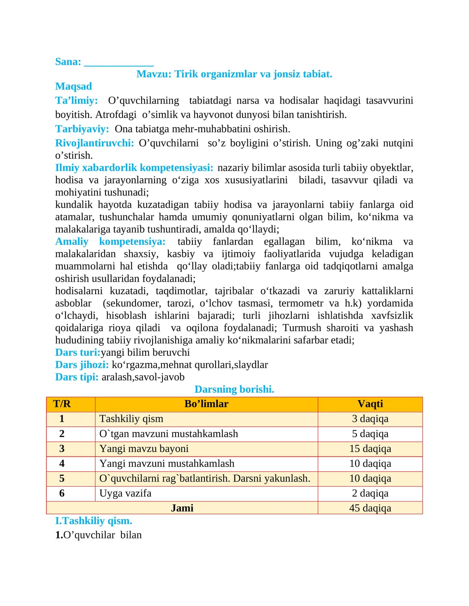 2-sinf Tabiiy Fan (Science) Tirik organizmlar va jonsiz tabiat dars ishlanma