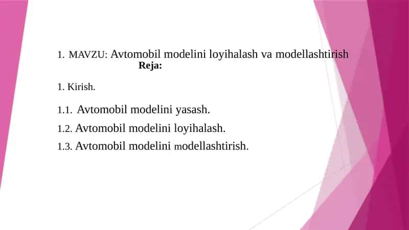 Avtomobil modelini loyihalash va modellashtirish
