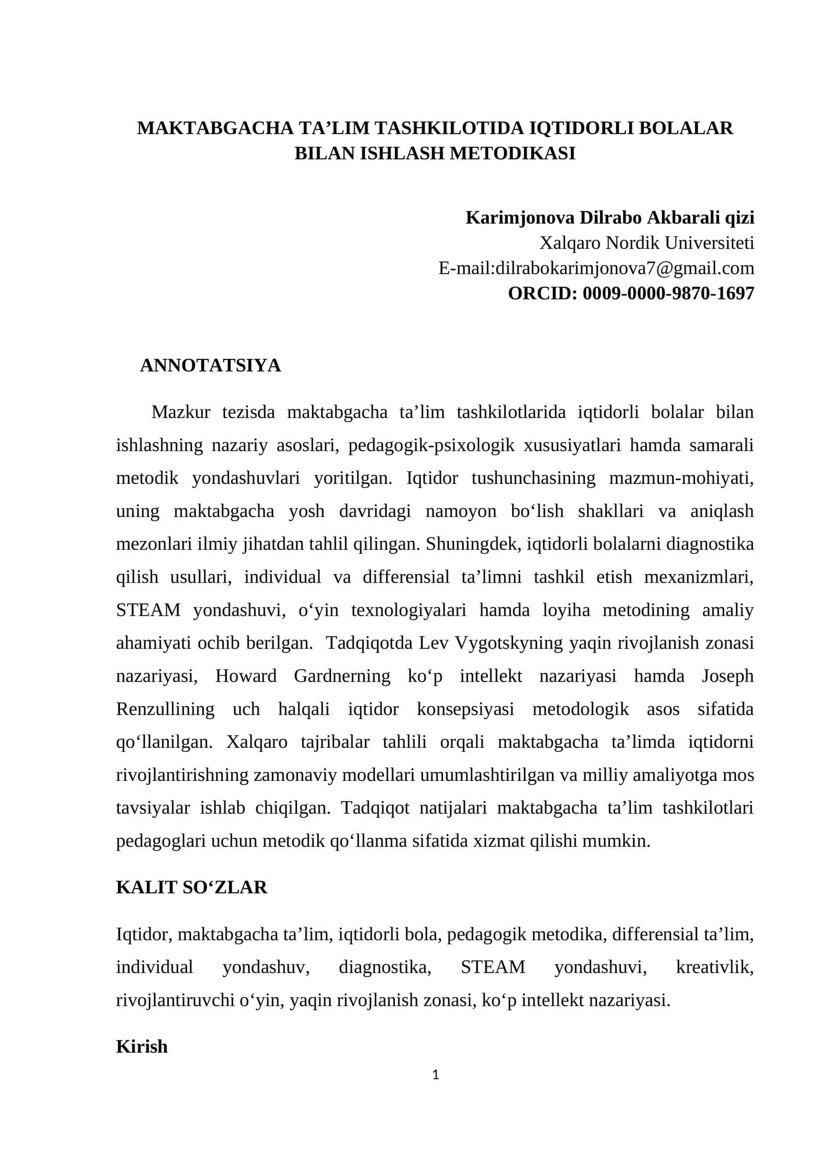 MAKTABGACHA TA’LIM TASHKILOTIDA IQTIDORLI BOLALAR BILAN ISHLASH METODIKASI
