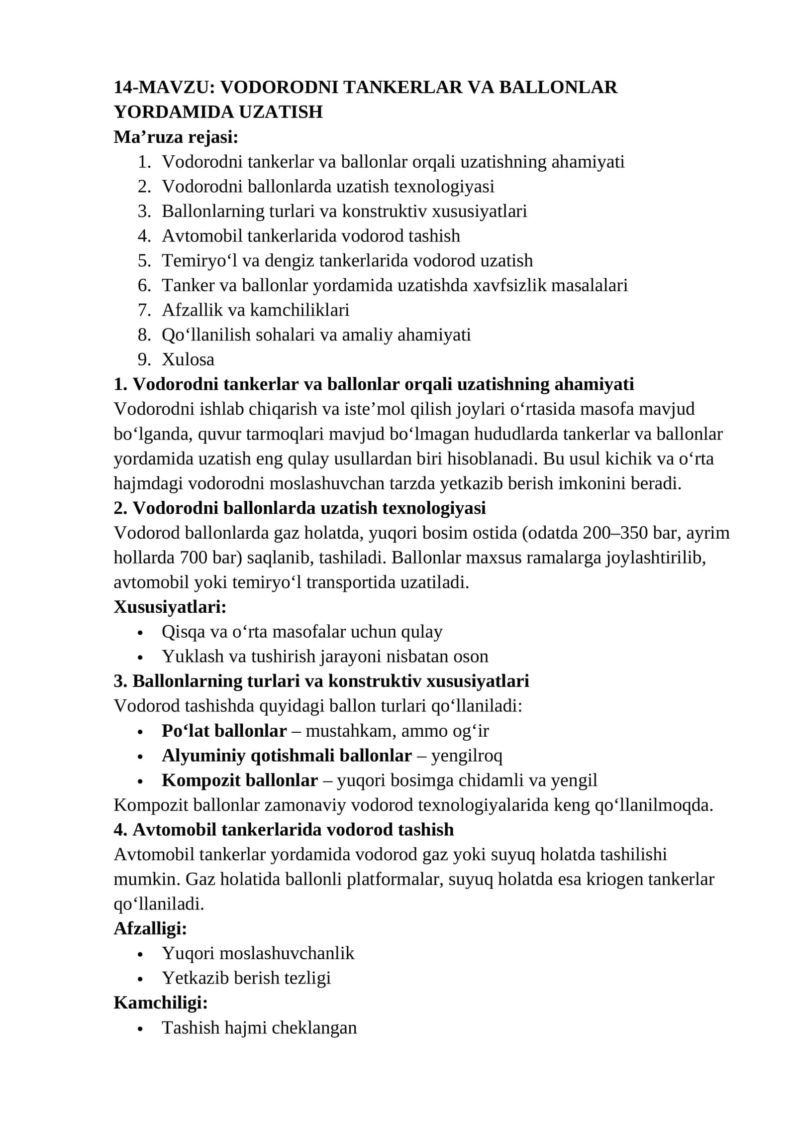 Vodorodni tankerlar va ballonlar yordamida uzatish