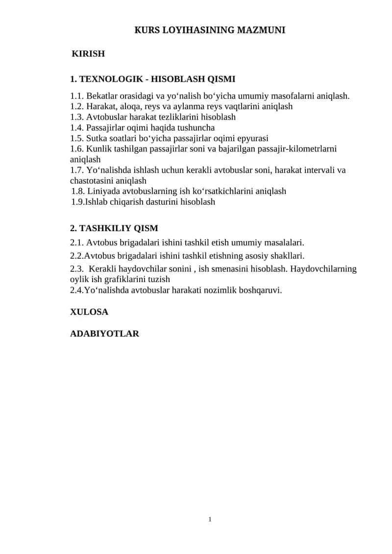 Kurs Loyihasi Avtobuslar Uchun Texnologik Hisoblash