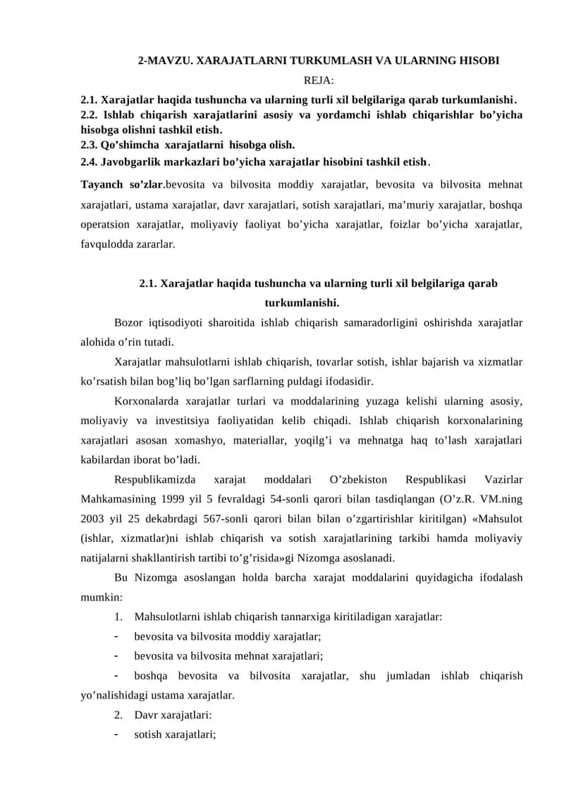 XARAJatlarni turkumlash va ularning hisobi