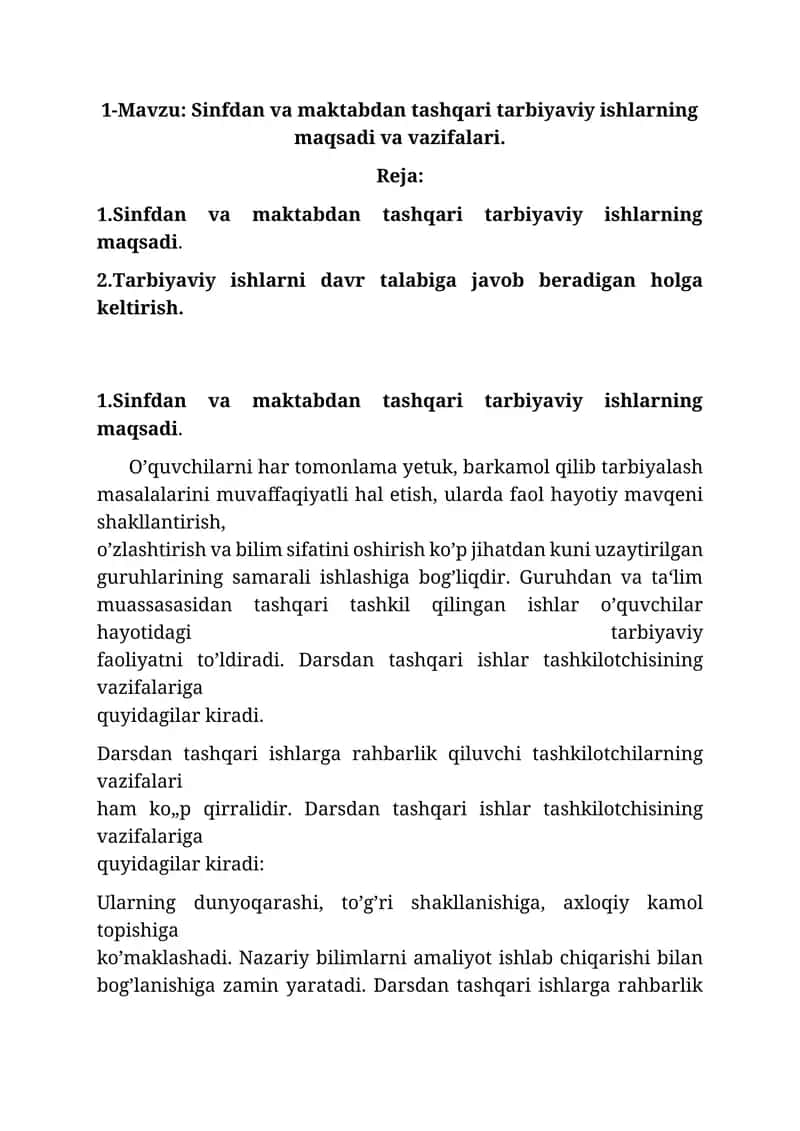 Sinfdan va maktabdan tashqari tarbiyaviy ishlarning maqsadi va vazifalari