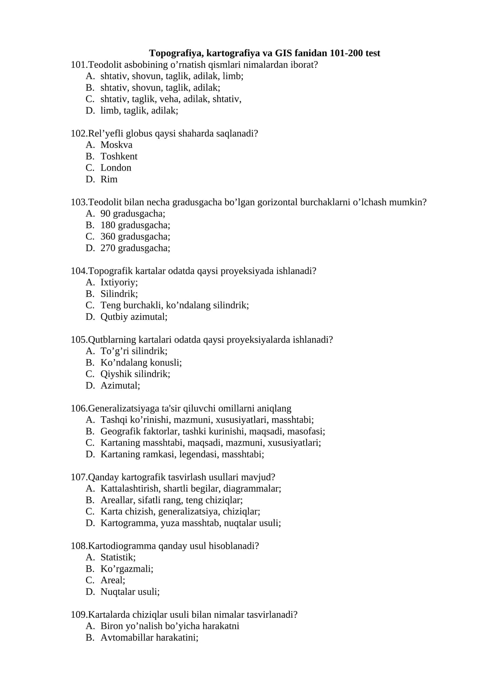 Topografiya, kartografiya va GIS fanidan 101-200 test