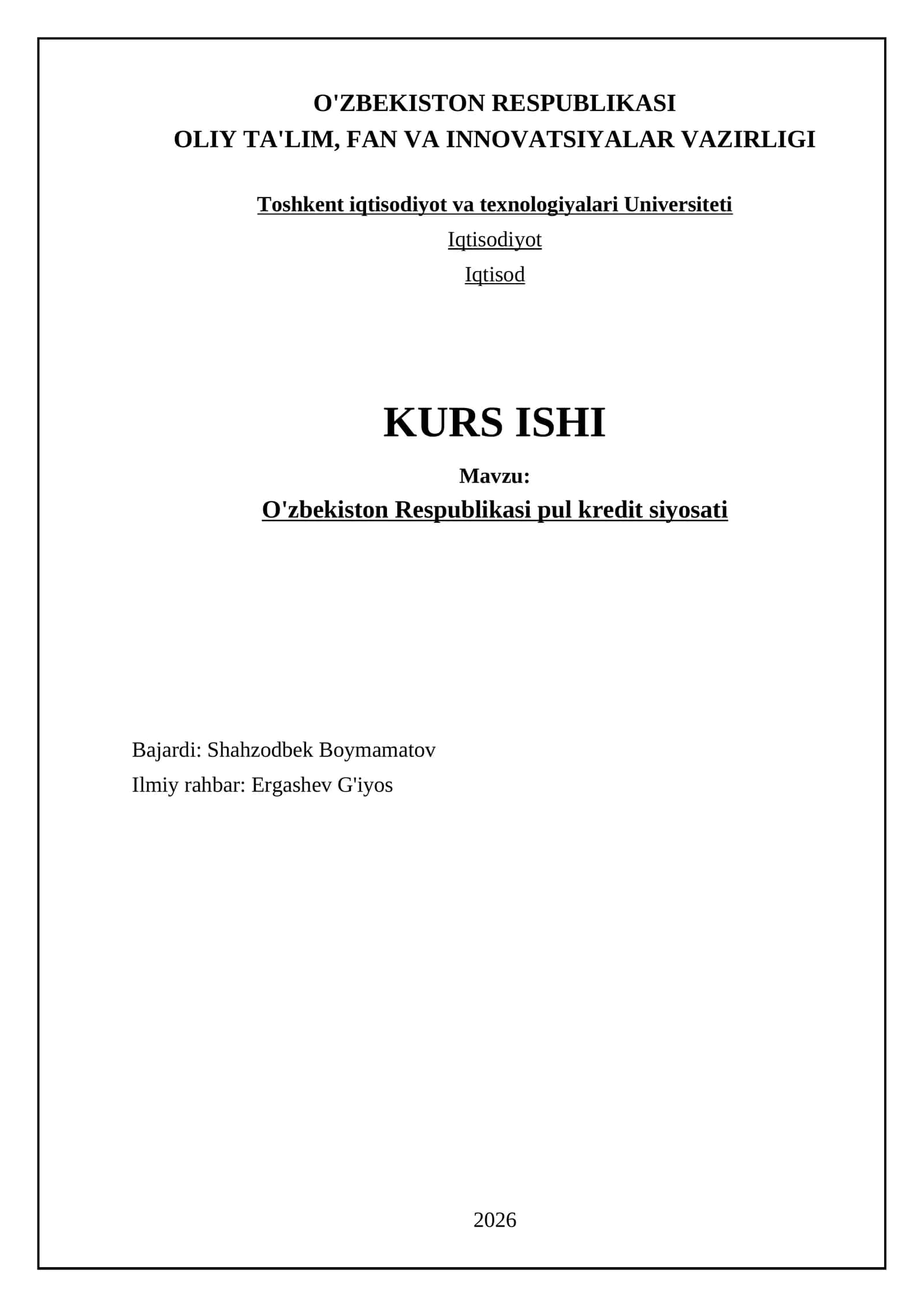 O'zbekiston Respublikasi pul kredit siyosati
