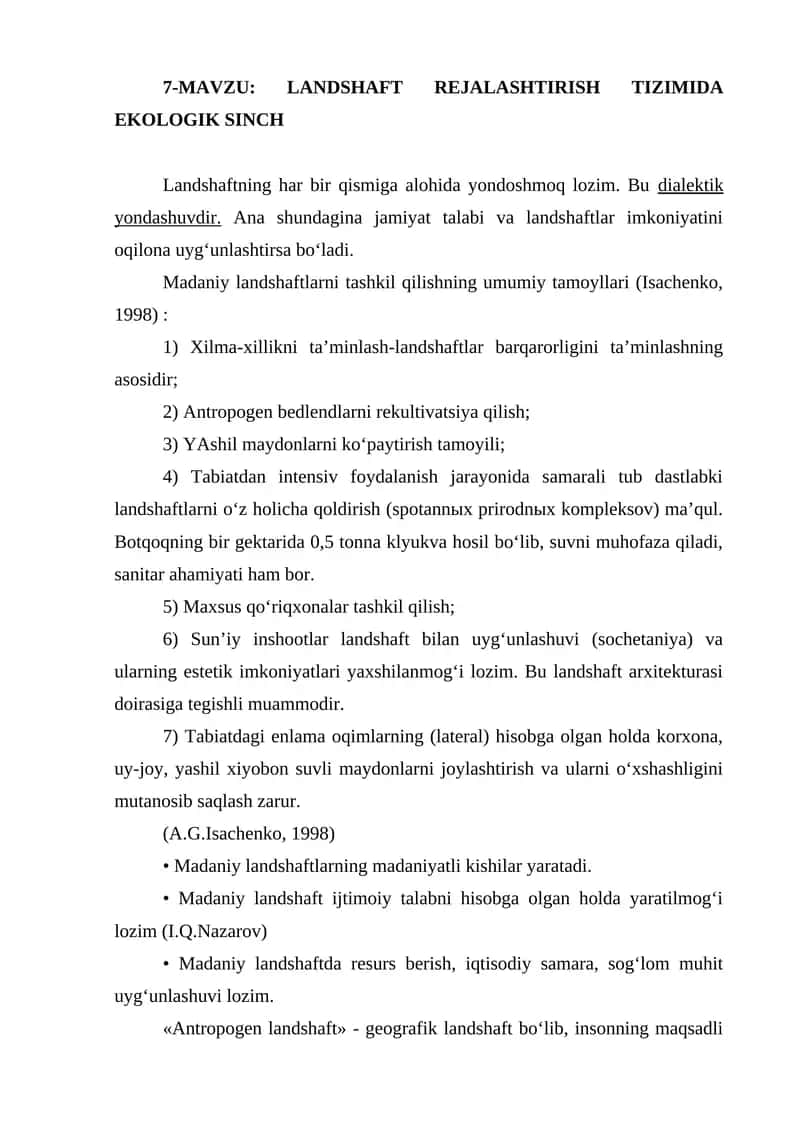 LANDSHAFT REJALASHTIRISH TIZIMIDA EKOLOGIK SINCH
