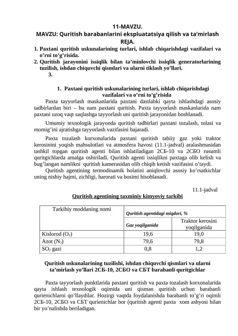 Quritish barabanlarini ekspluatatsiya qilish va ta’mirlash