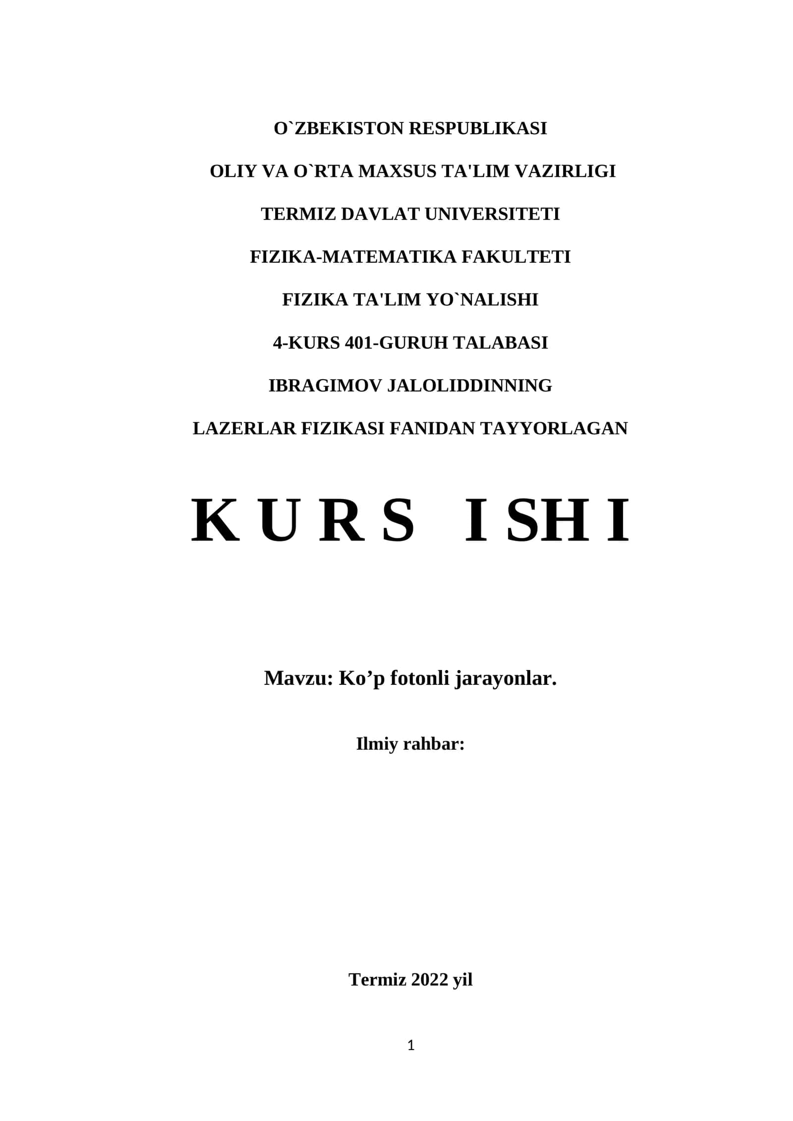 Lazеrlar Fizikasi Fanidan Tayyorlagan Kurs Ishi