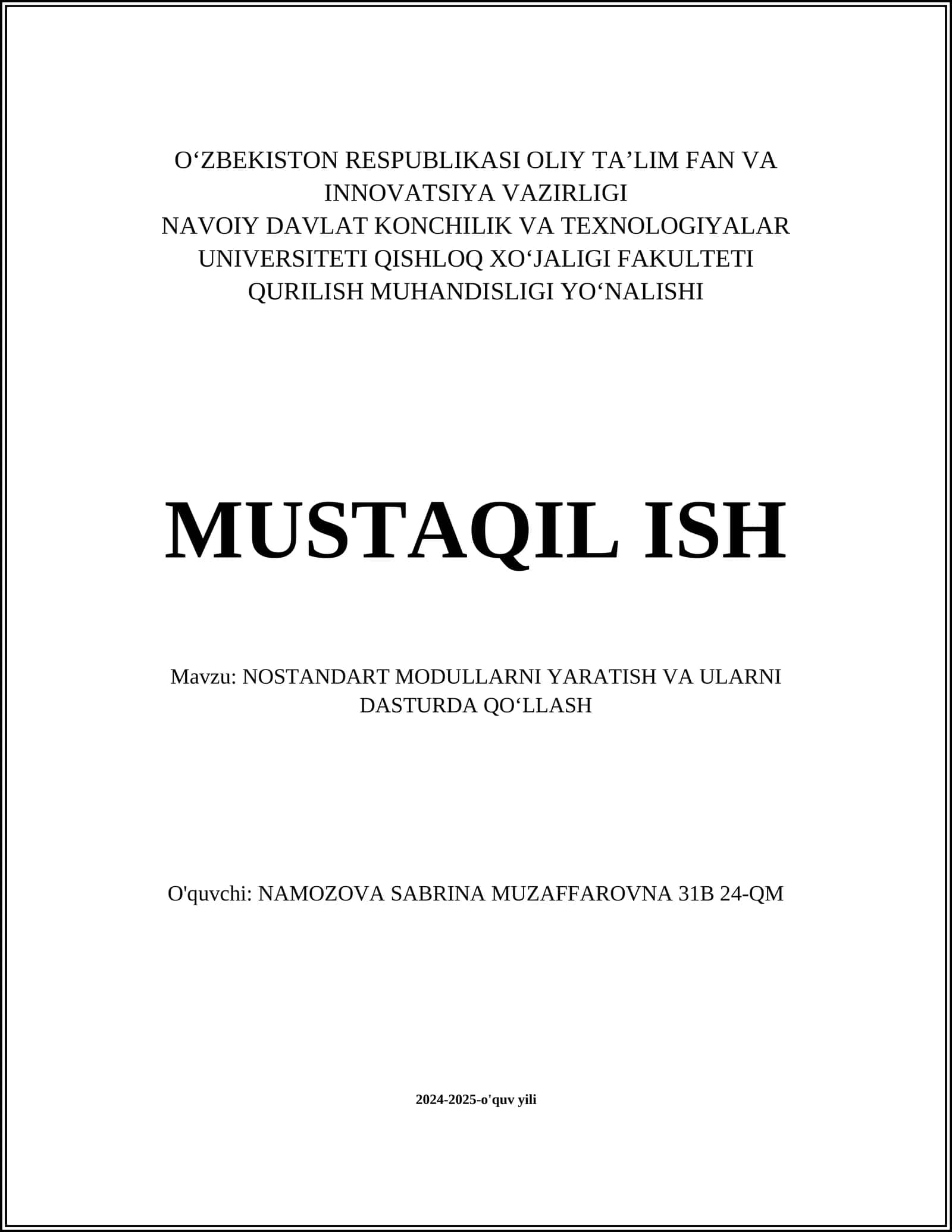 NOSTANDART MODULLARNI YARATISH VA ULARNI DASTURDA QOʻLLASH