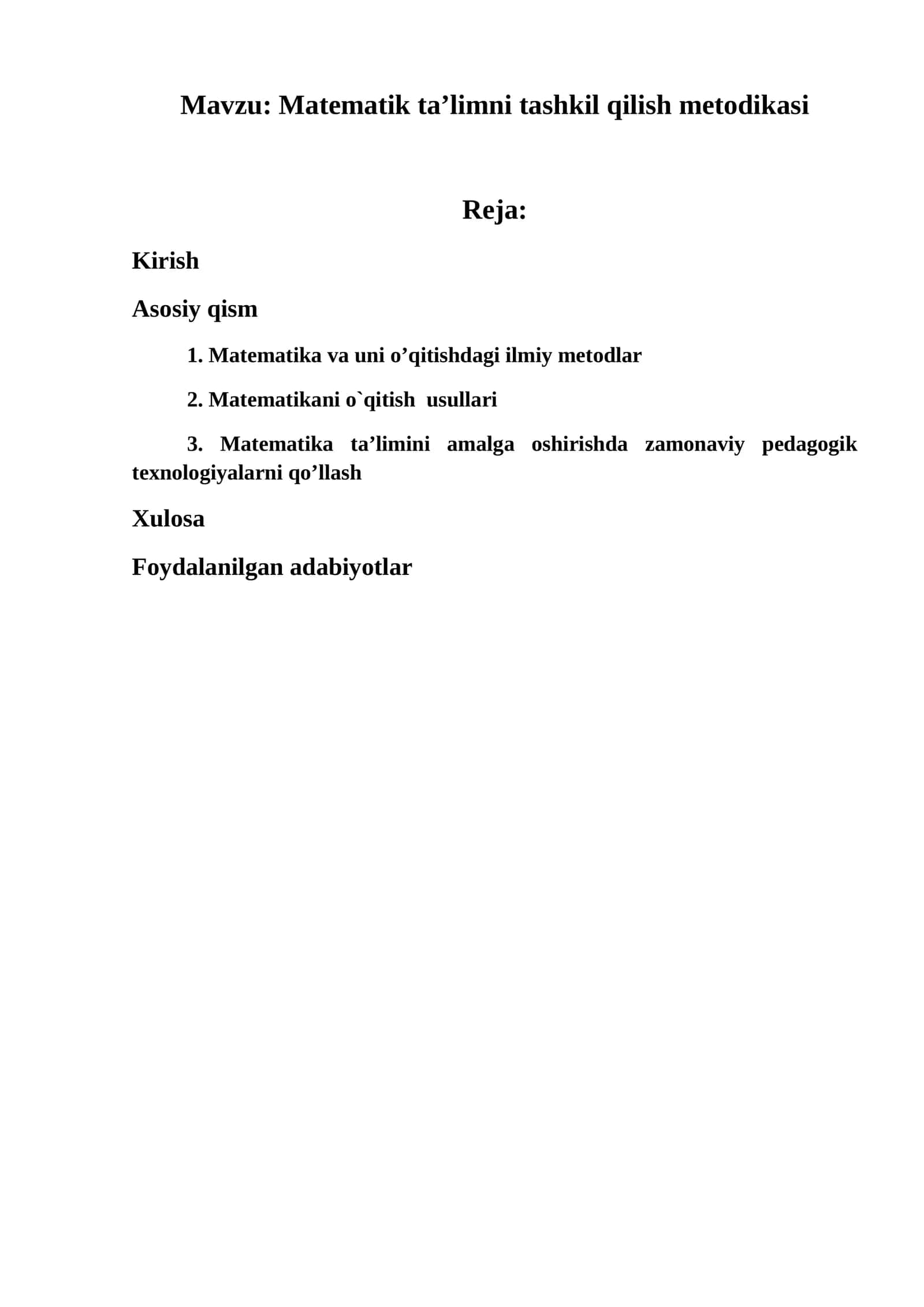 Matematik ta’limni tashkil qilish metodikasi