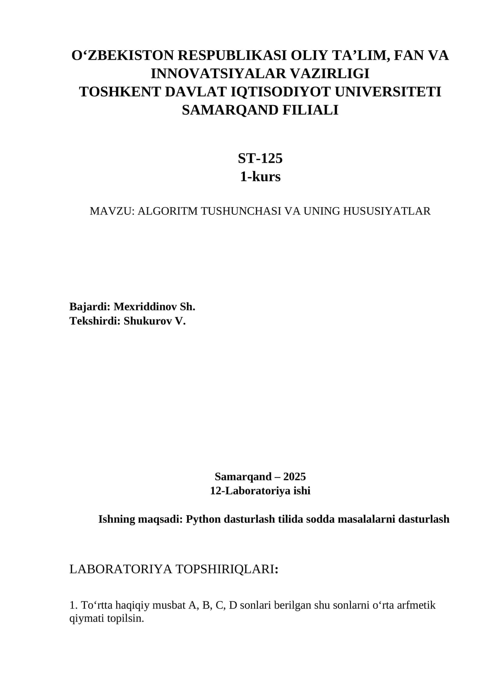 ALGORITM TUSHUNCHASI VA UNING HUSUSIYATLAR