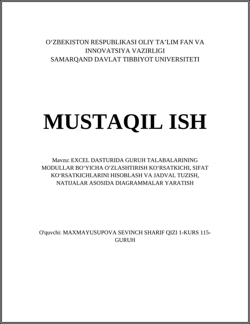 EXCEL DASTURIDA GURUH TALABALARINING MODULLAR BOʻYICHA OʻZLASHTIRISH KOʻRSATKICHI