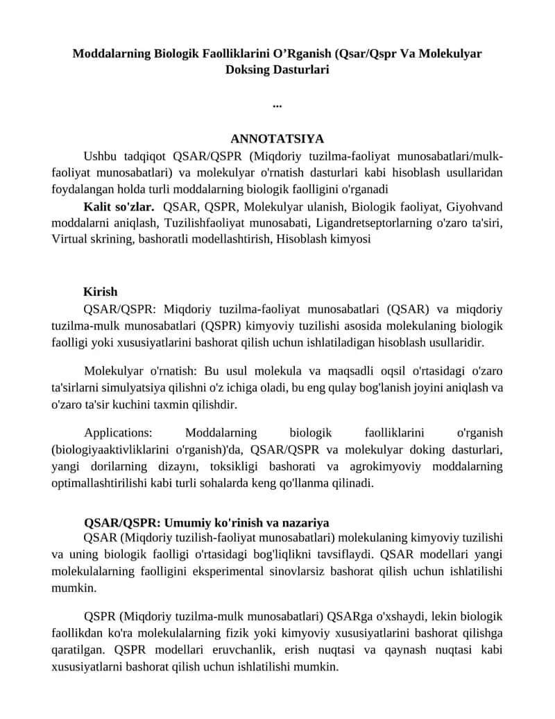 Moddalarning Biologik Faolliklarini O’Rganish
