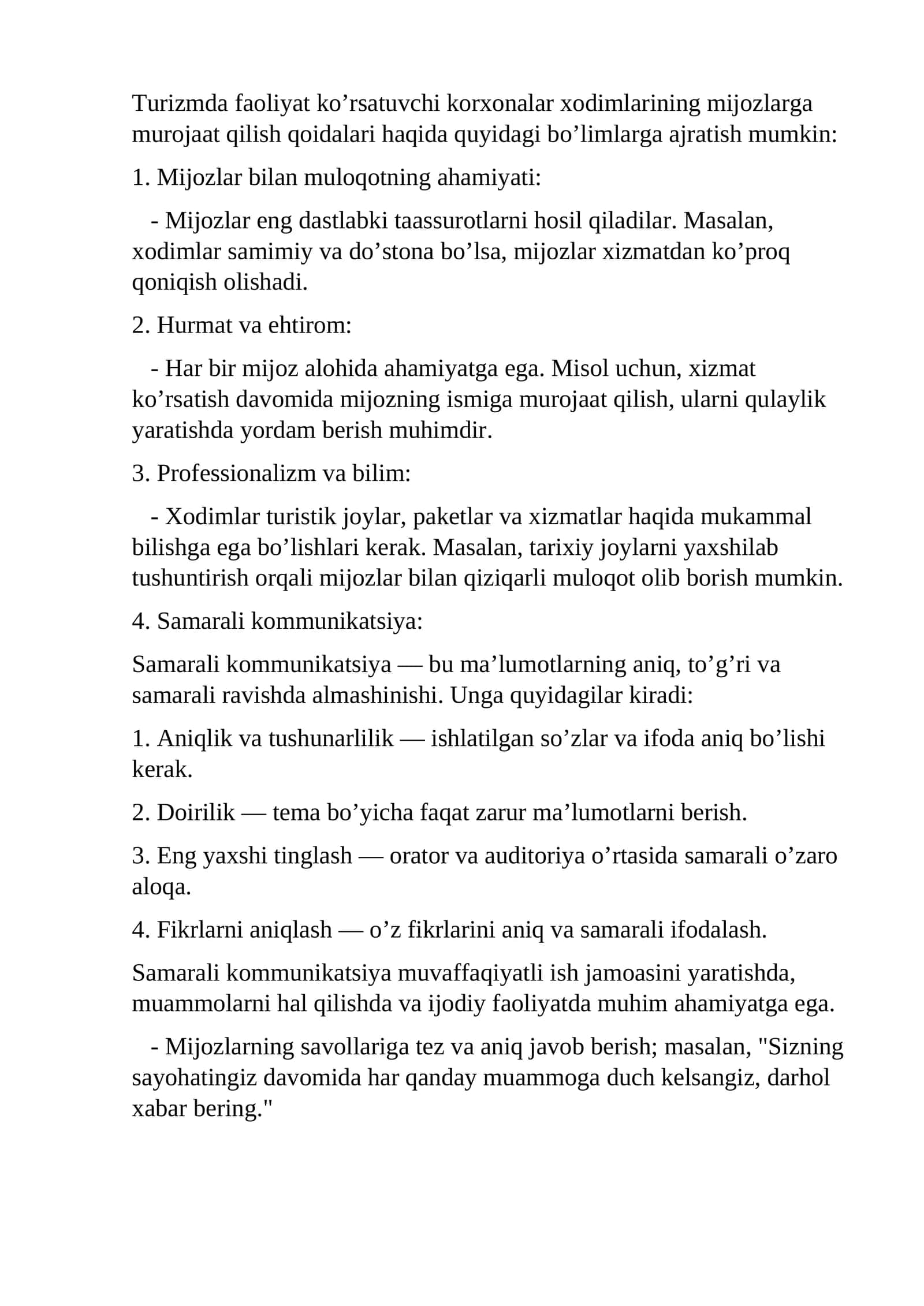 Turizm Korxonalar xodimlariga murojaat qilish qoidalari