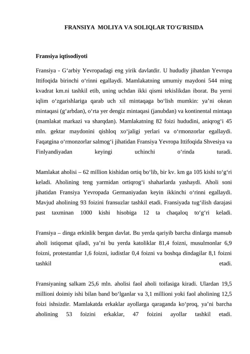 Fransiya Moliya va Soliqlar To'g'risida