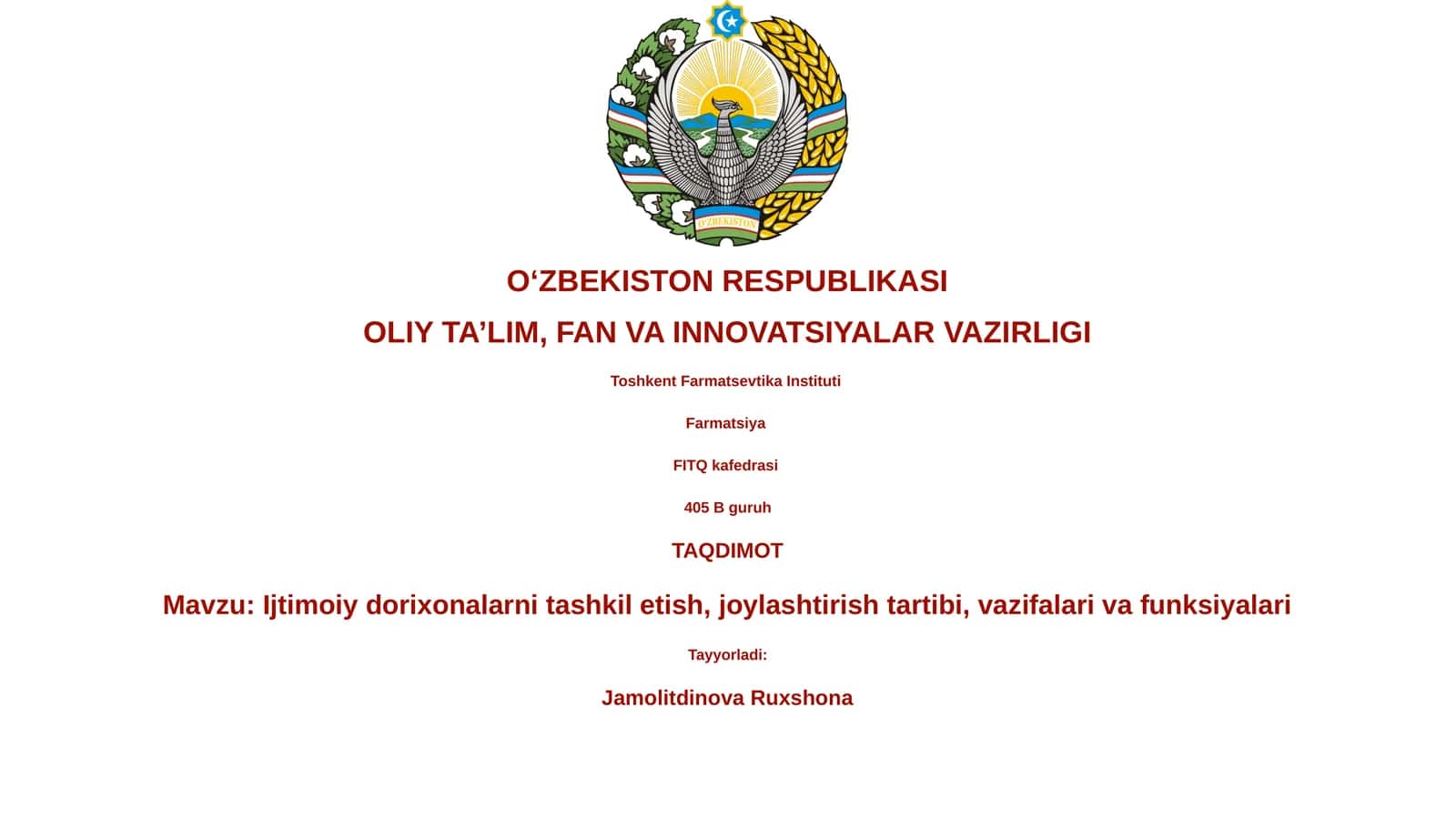 Ijtimoiy dorixonalarni tashkil etish, joylashtirish tartibi, vazifalari va funksiyalari