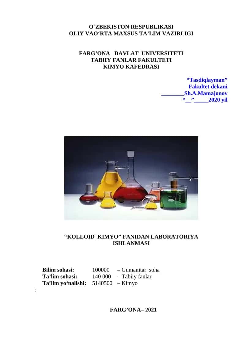 Kolloid kimyo fanidan laboratoriya ishlanmasi