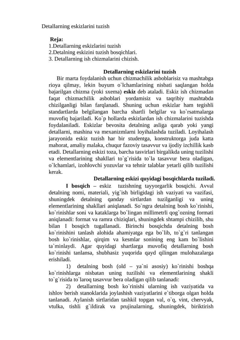 Detallarning eskizlarini tuzish