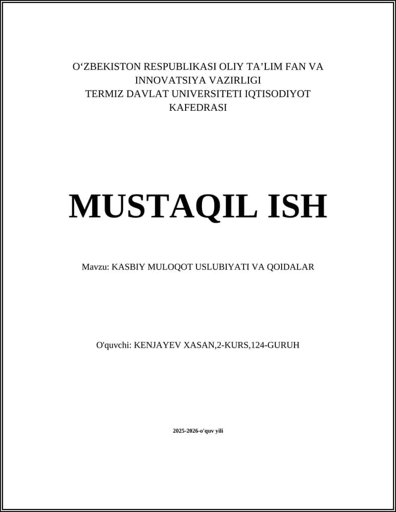 KASBIY MULOQOT USLUBIYATI VA QOIDALAR