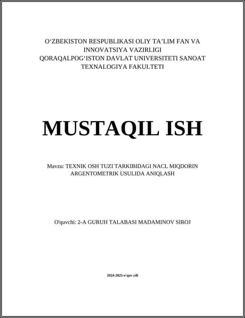 TEXNIK OSH TUZI TARKIBIDAGI NACL MIQDORIN ARGENTOMETRIK USULIDA ANIQLASH