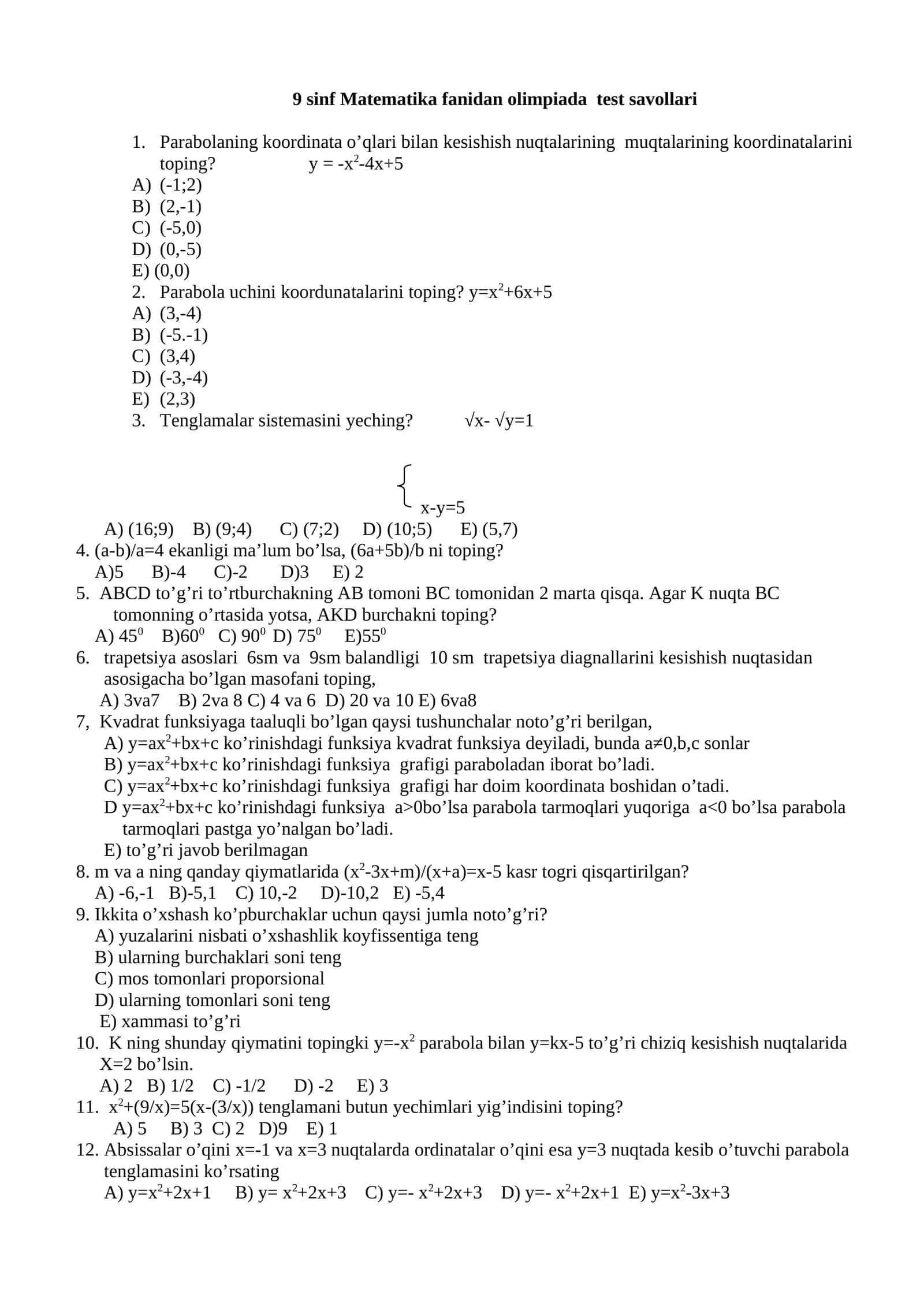 9 sinf Matematika fanidan olimpiada test savollari