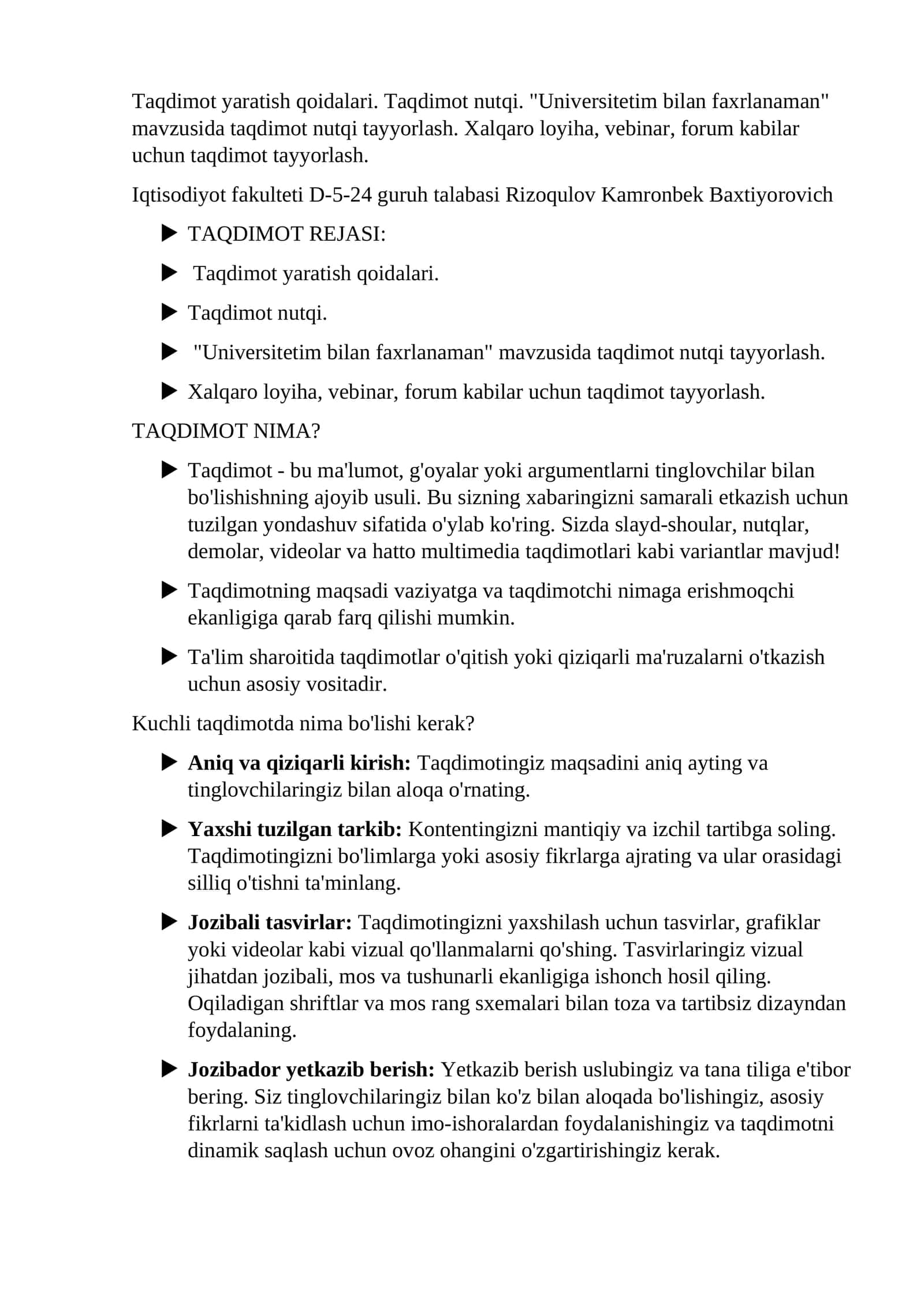 "Universitetim bilan faxrlanaman" mavzusida taqdimot nutqi tayyorlash