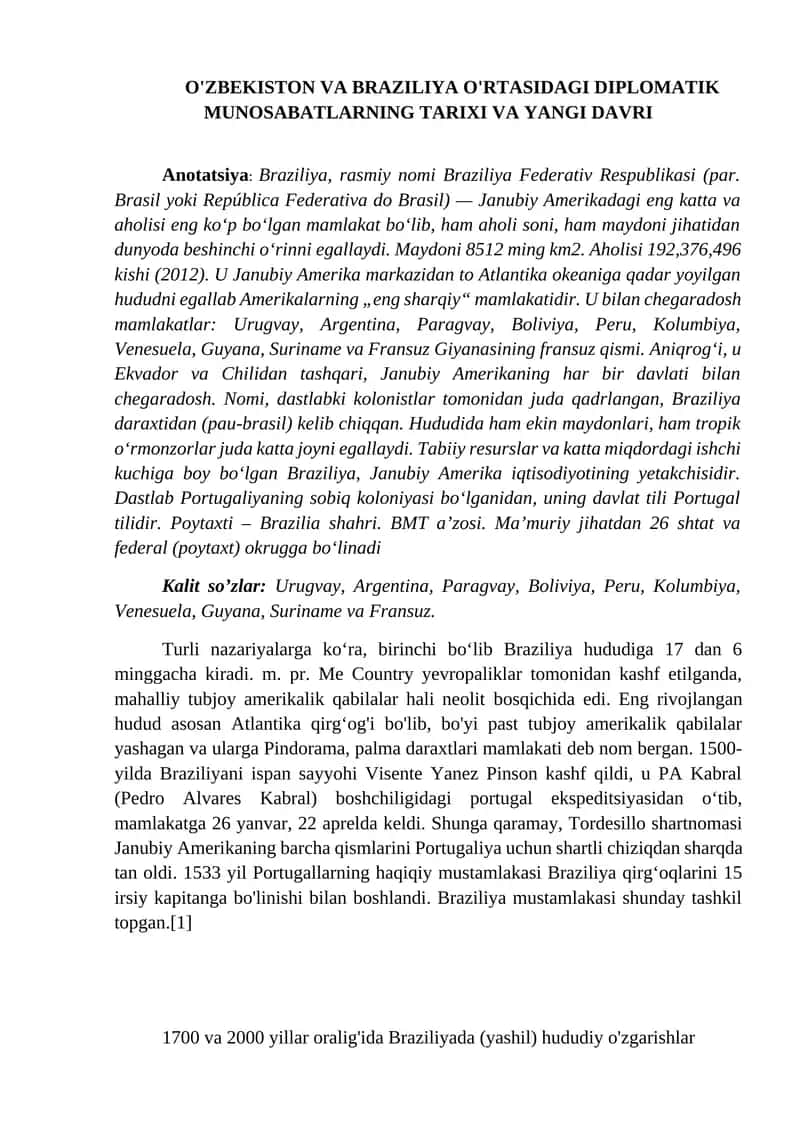 O'ZBEKISTON VA BRAZILIYA O'RTASIDAGI DIPLOMATIK MUNOSABATLARNING TARIXI VA YANGI DAVRI
