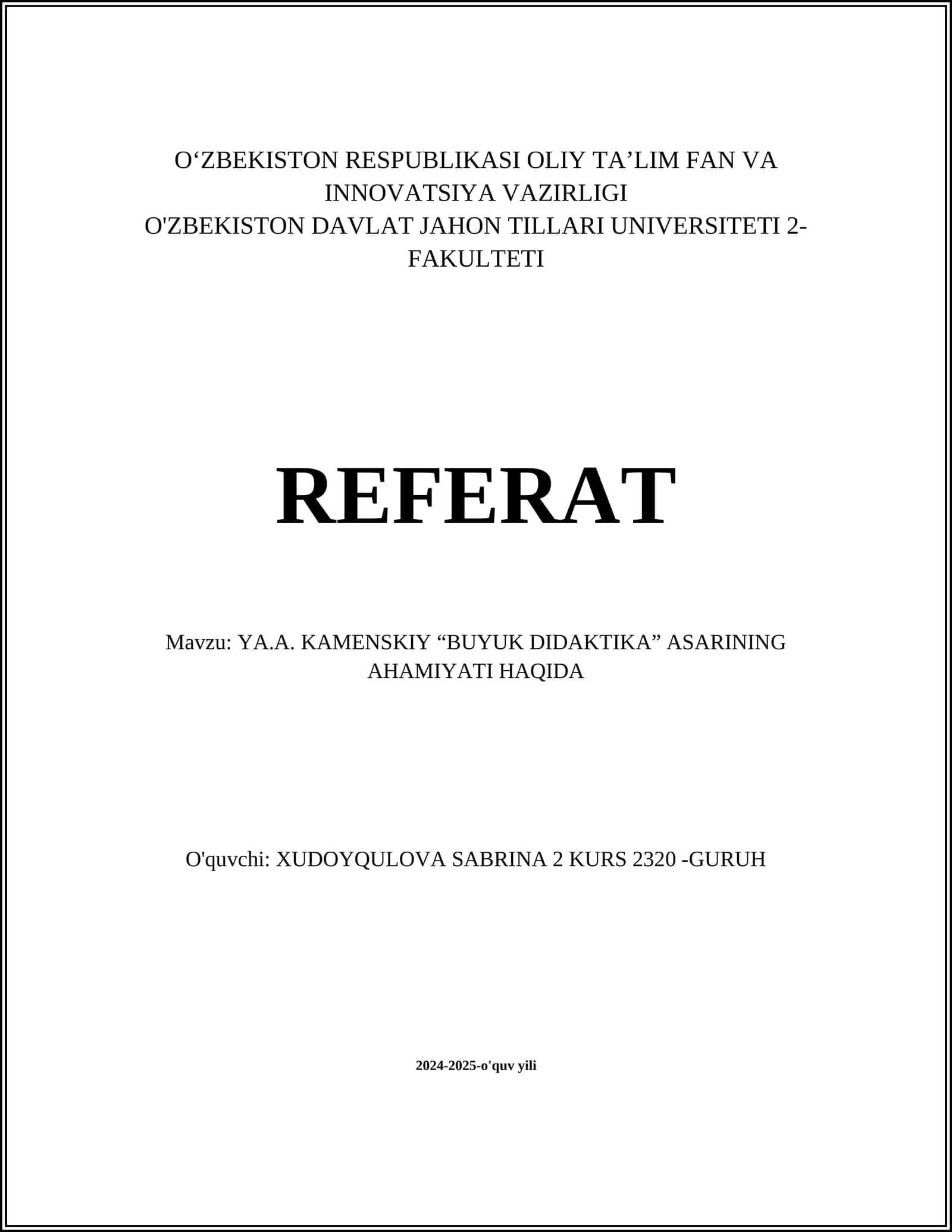 YA.A. KAMENSKIY “BUYUK DIDAKTIKA” ASARINING AHAMIYATI HAQIDA