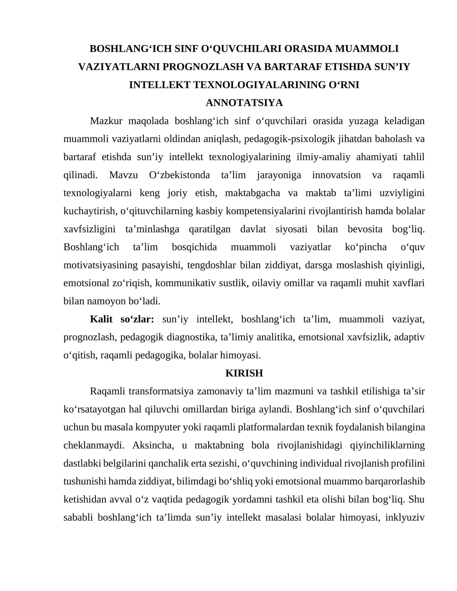 BOSHLANG‘ICH SINF O‘QUVCHILARI ORASIDA MUAMMOLI VAZIYATLARNI PROGNOZLASH VA BARTARAF ETISHDA SUN’IY INTELLEKT TEXNOLOGIYALARINING O‘RNI