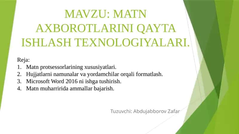 MATN AXBOROTLARINI QAYTA ISHLASH TEXNOLOGIYALARI