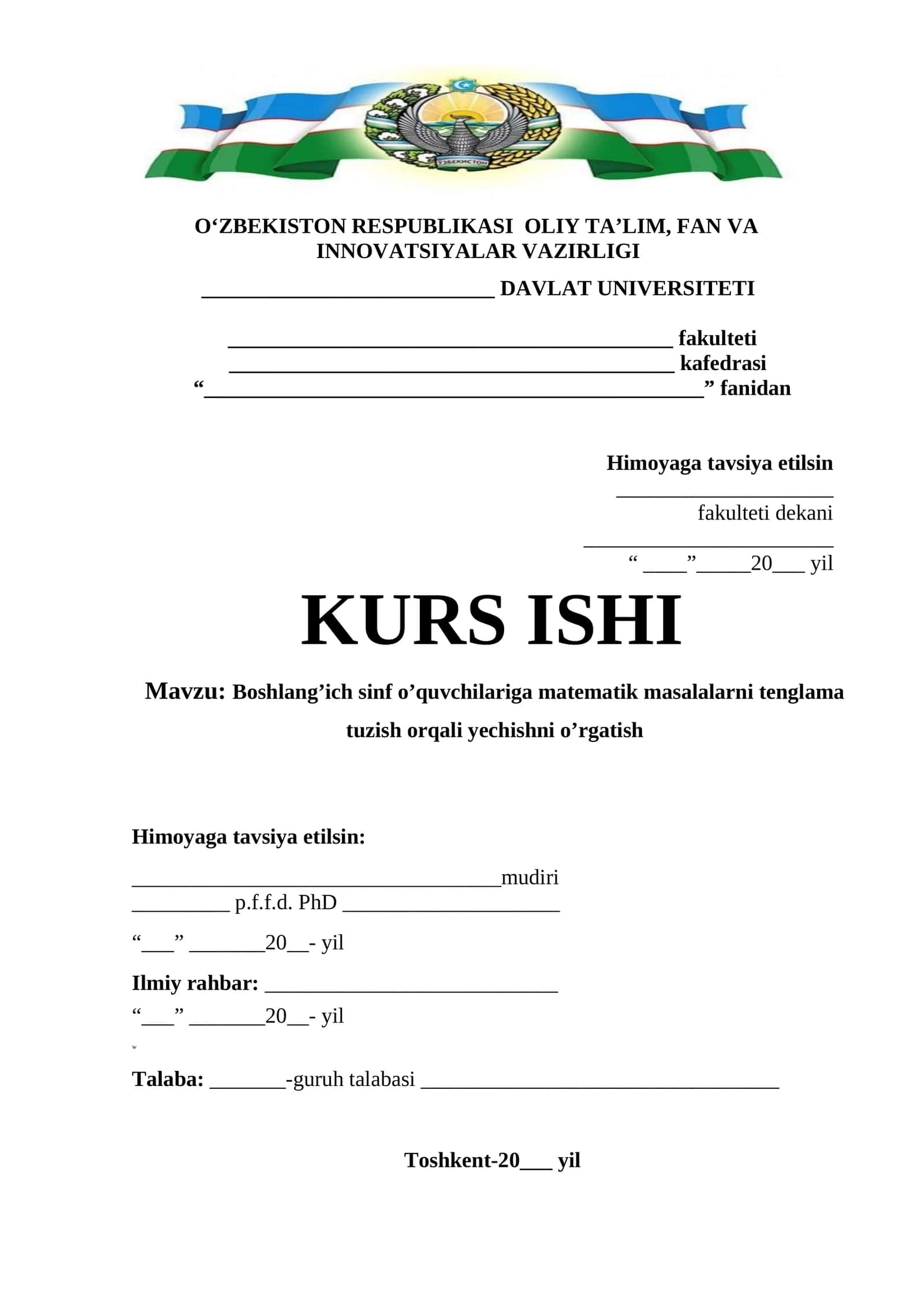 Matematik masalalarni tenglama tuzish orqali yechishni o’rgatish