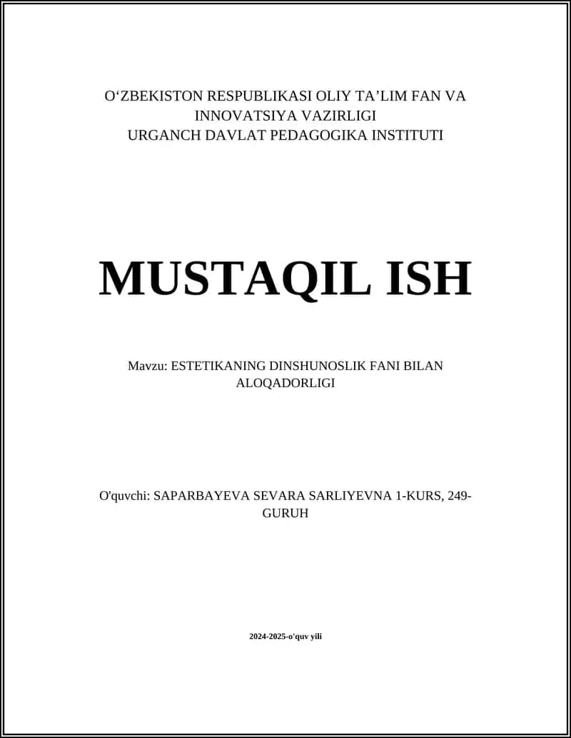 ESTETIKANING DINSHUNOSLIK FANI BILAN ALOQADORLIGI