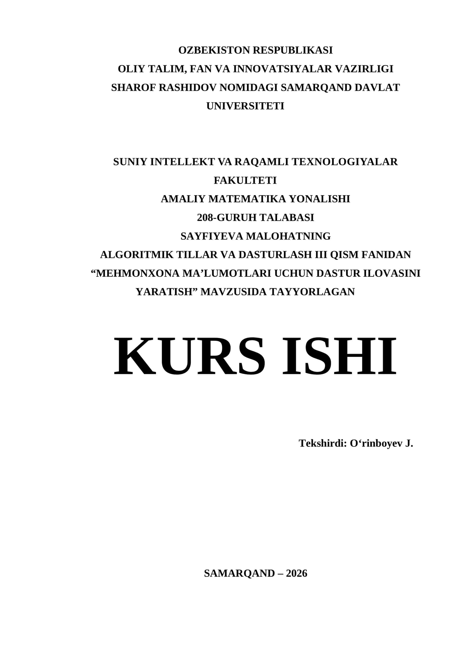 Visual Studio muhitida kurs ishi | MEHMONXONA MA’LUMOTLARI UCHUN DASTUR ILOVASINI YARATISH