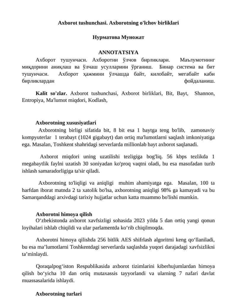 Axborot tushunchasi. Axborotning o'lchov birliklari