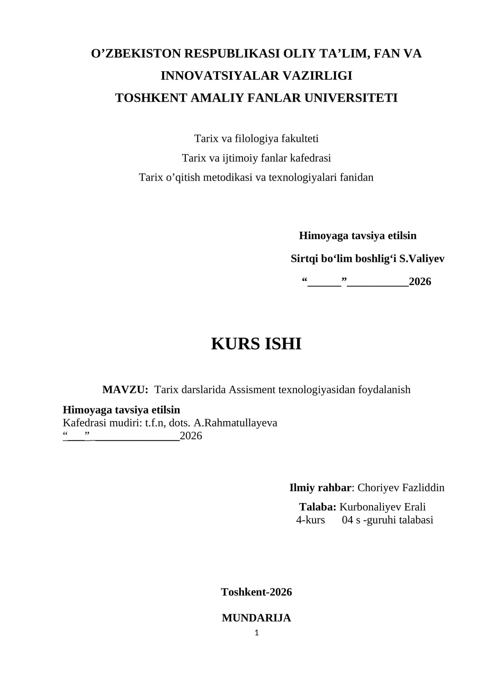 Tarix darslarida Assisment texnologiyasidan foydalanish