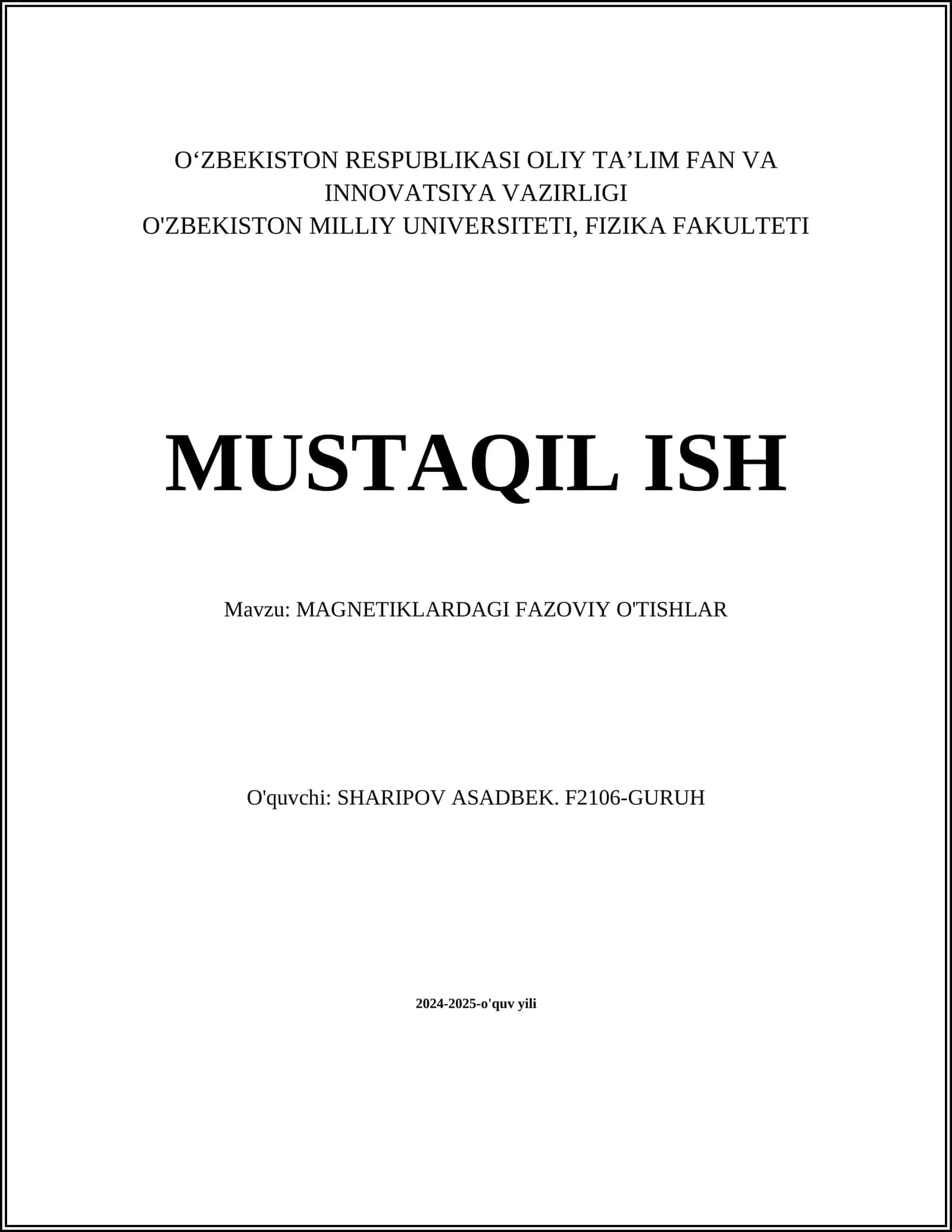MAGNETIKLARDAGI FAZOVIY O'TISHLAR