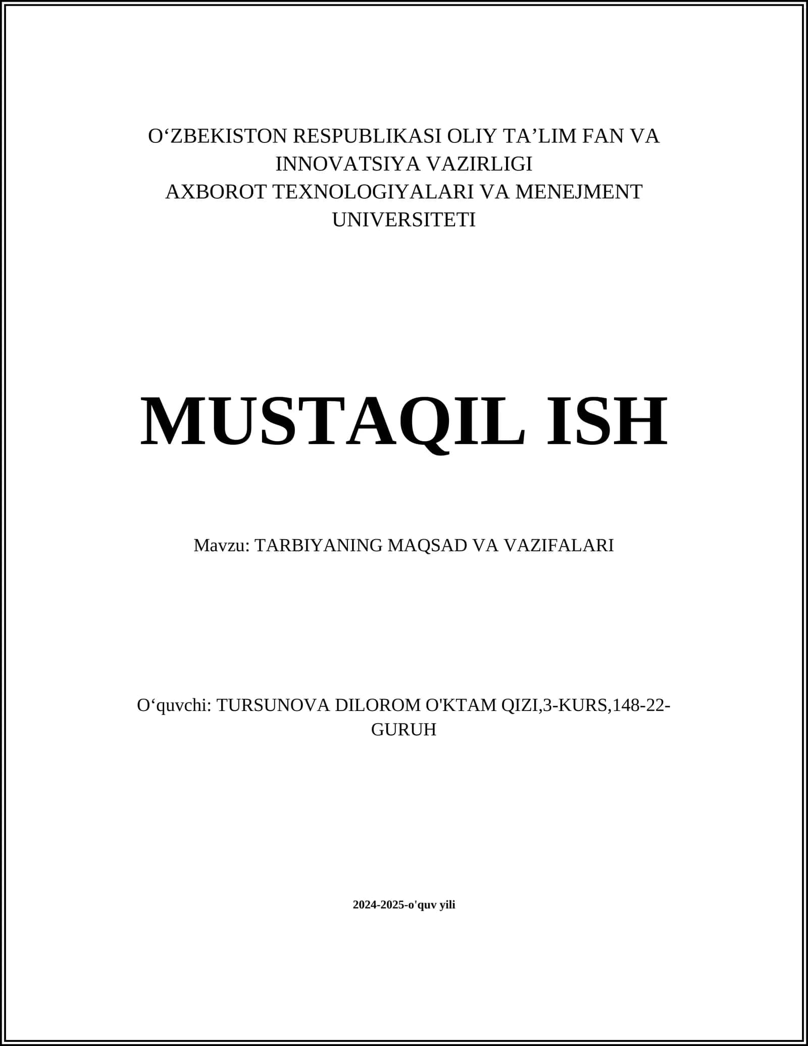 TARBIYANING MAQSAD VA VAZIFALARI