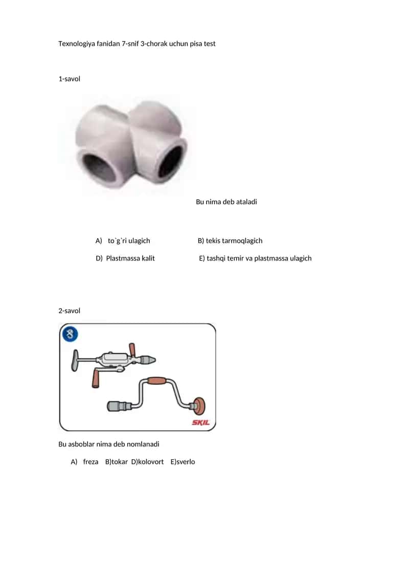 Texnologiya fanidan 7-snif 3-chorak uchun pisa test