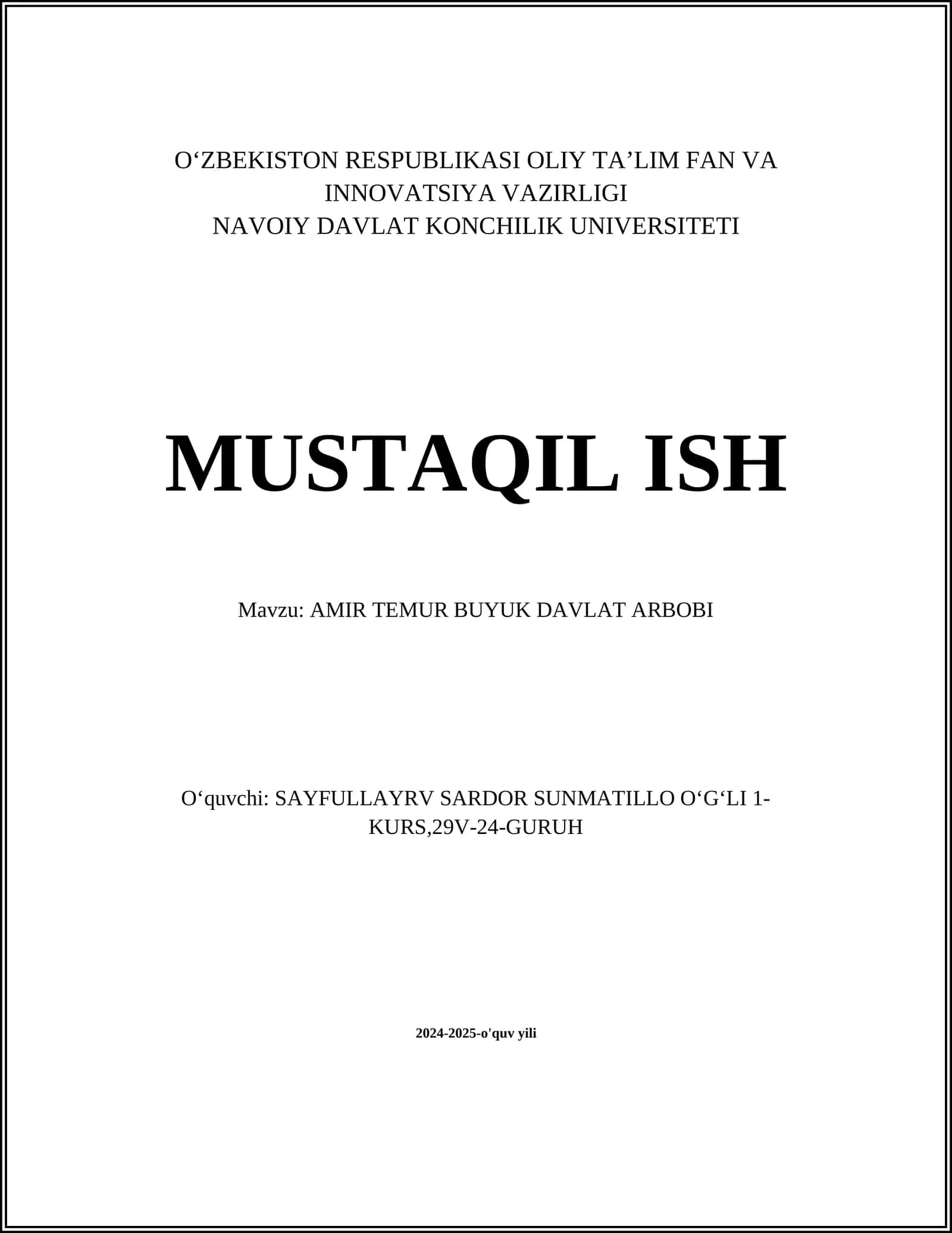 AMIR TEMUR BUYUK DAVLAT ARBOBI